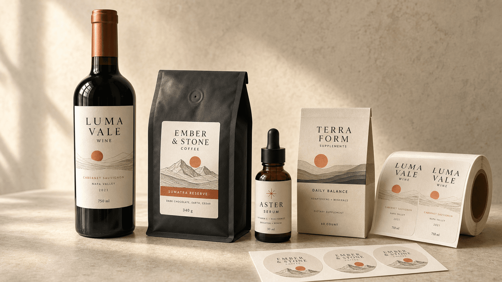 Business sticker design studio with product labels and sticker concepts