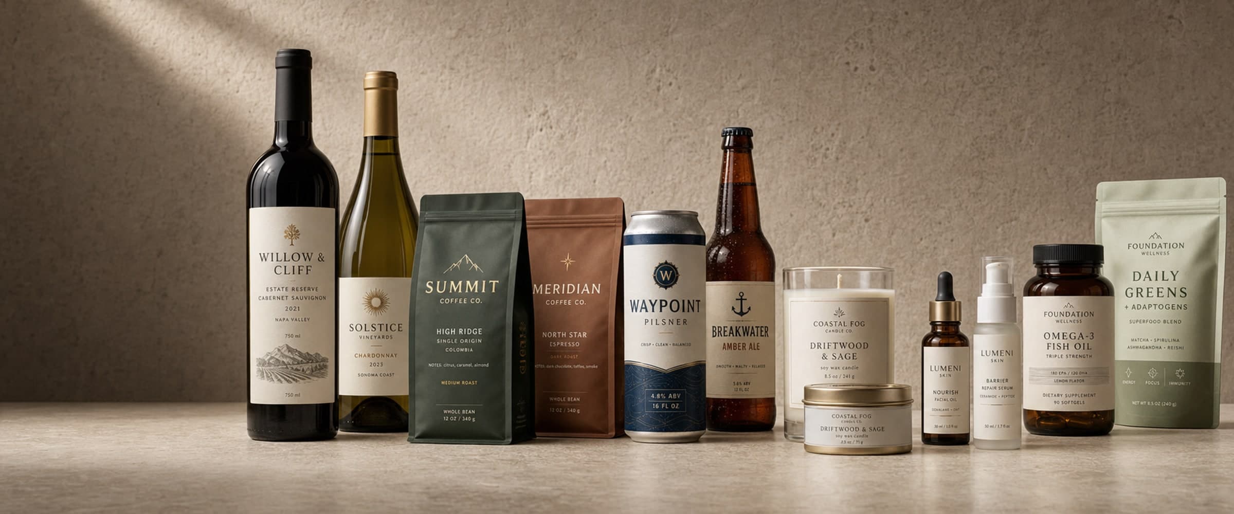 Custom product labels shown on coffee bags, bottles, jars, cans, and boxes